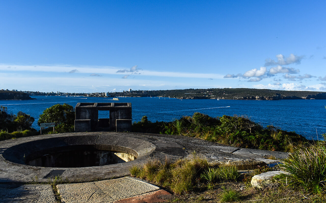 Gun pit at Middle Head in Sydney with views over the beach suburb of Manly