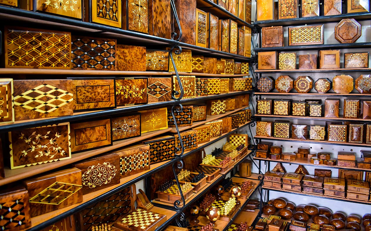 Various wooden boxes are available for shopping in Morocco