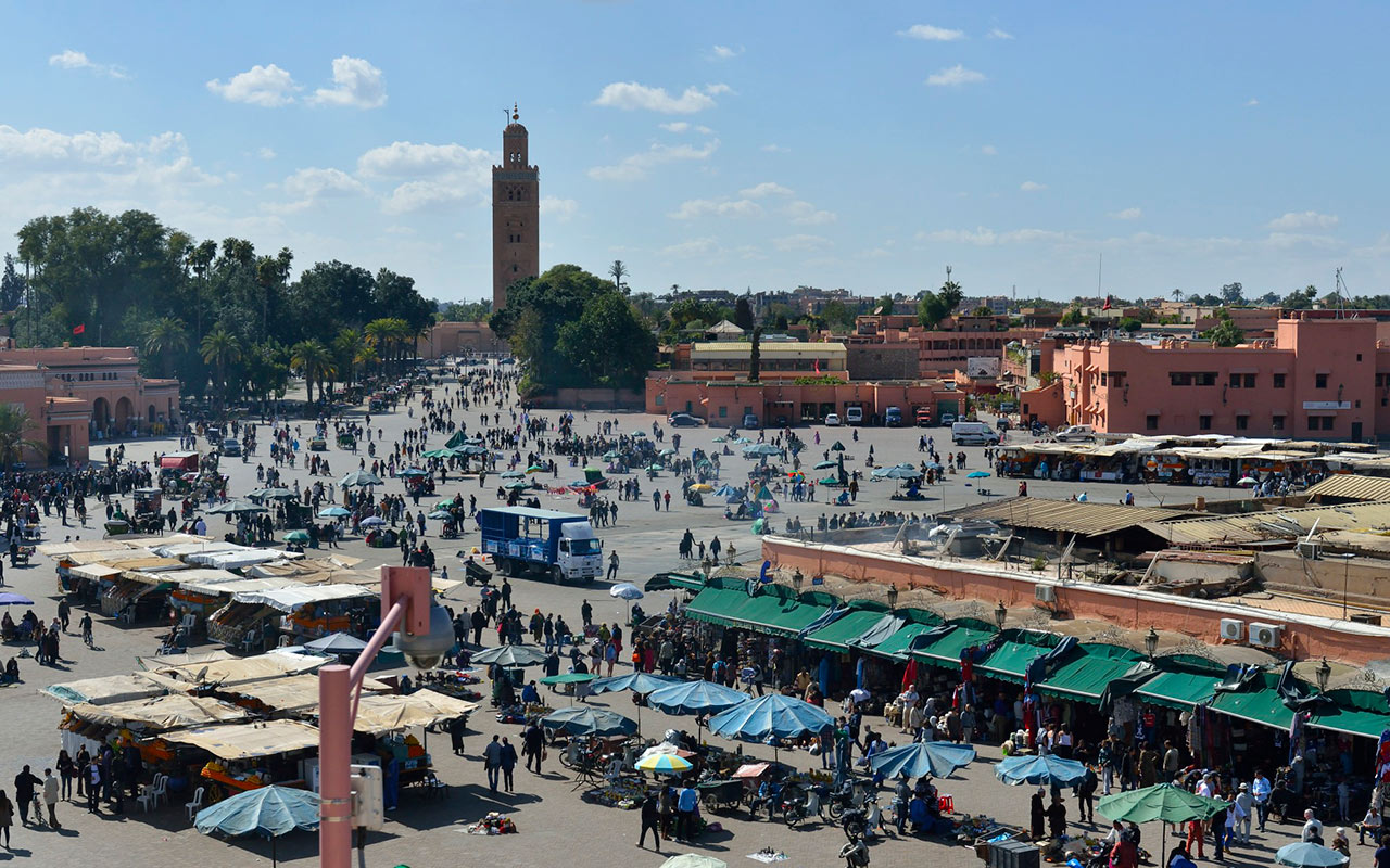 The Jamaa El Fna square in Marrakech is the most lively place to see when you are travelling around Morocco