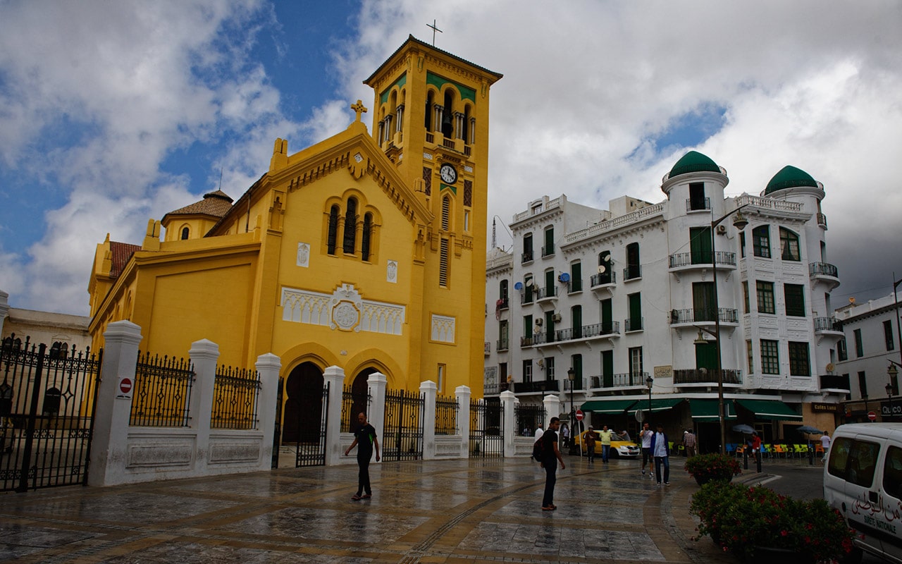 In the North of Morocco, the Spanish Church of Tetouan contrasts with the rest of the street photography