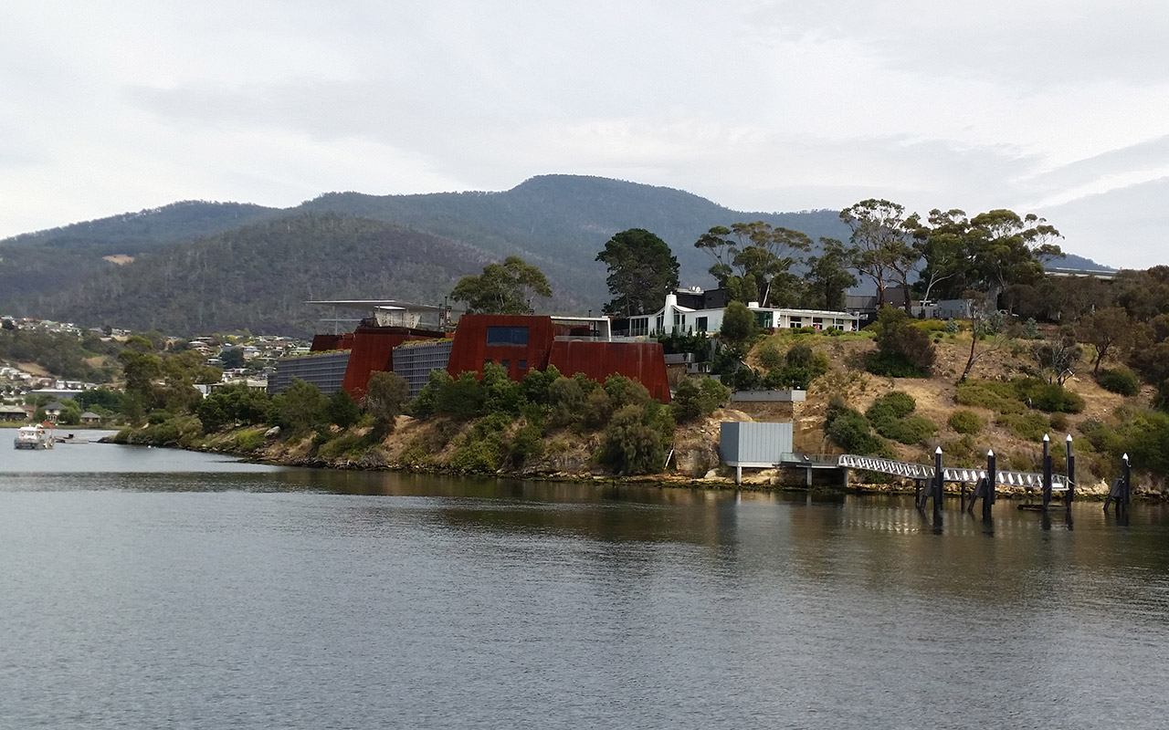 The MONA building from the Derwent River is an interesting attraction in Tasmania