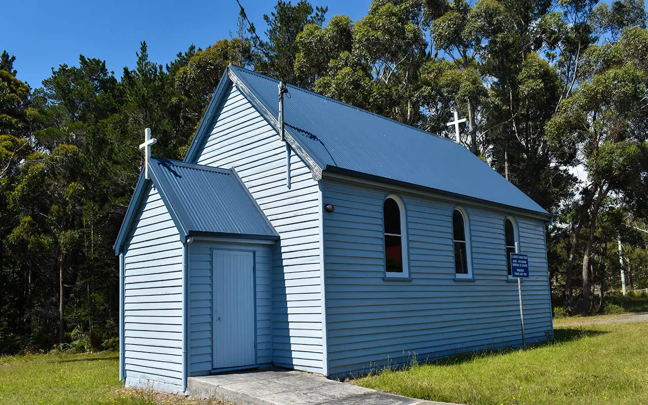 Visit Bruny Island for some charming sights like this little blue church