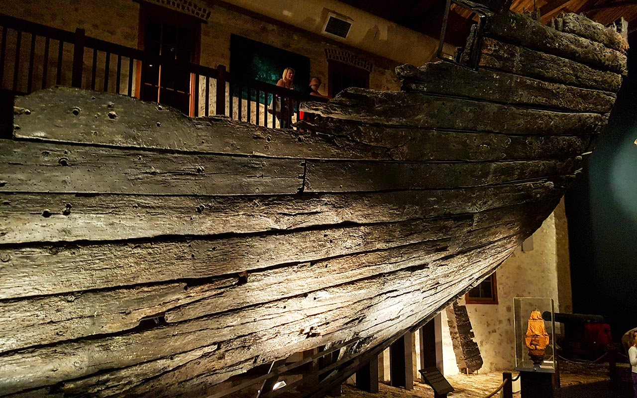 the hull of the ship Batavia is preserved at the Shipwrecks Museum
