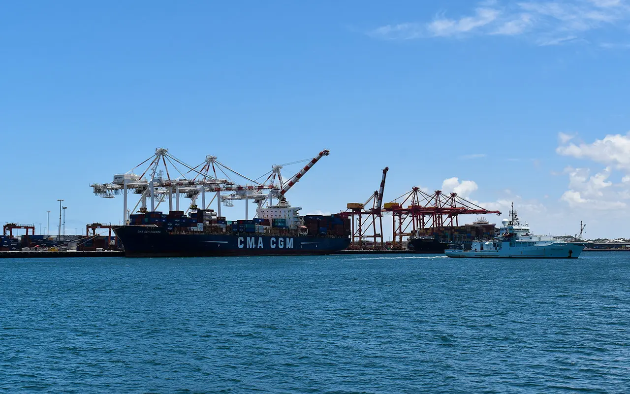 With its loading cranes, Fremantle is fully operational harbour