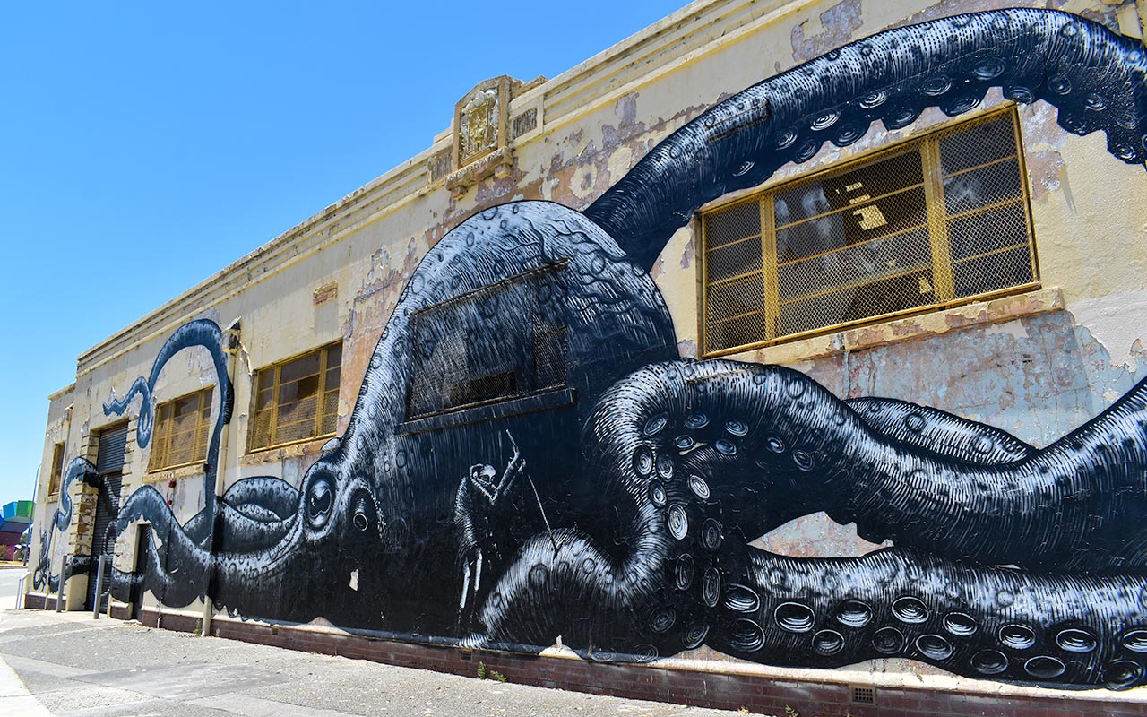 A black octopus greets you when you arrive