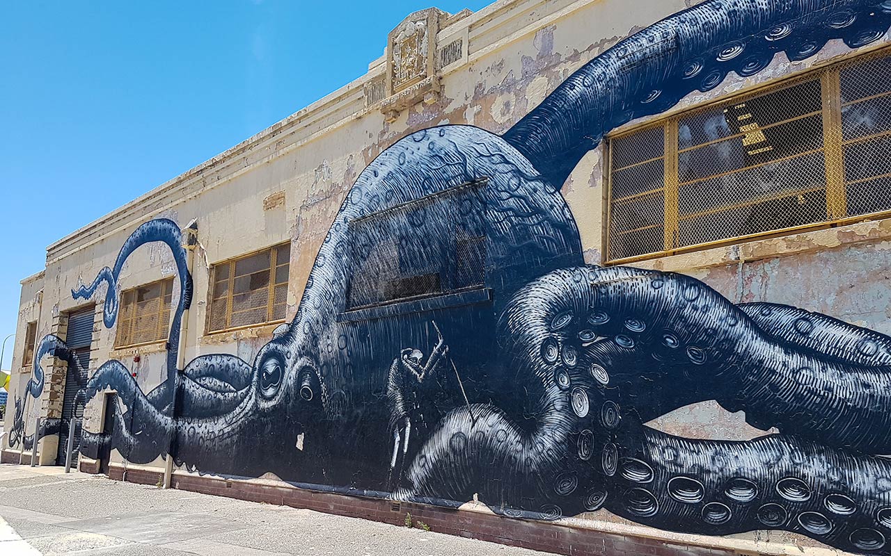This black octopus is an ominous sight at the entrance of Fremantle