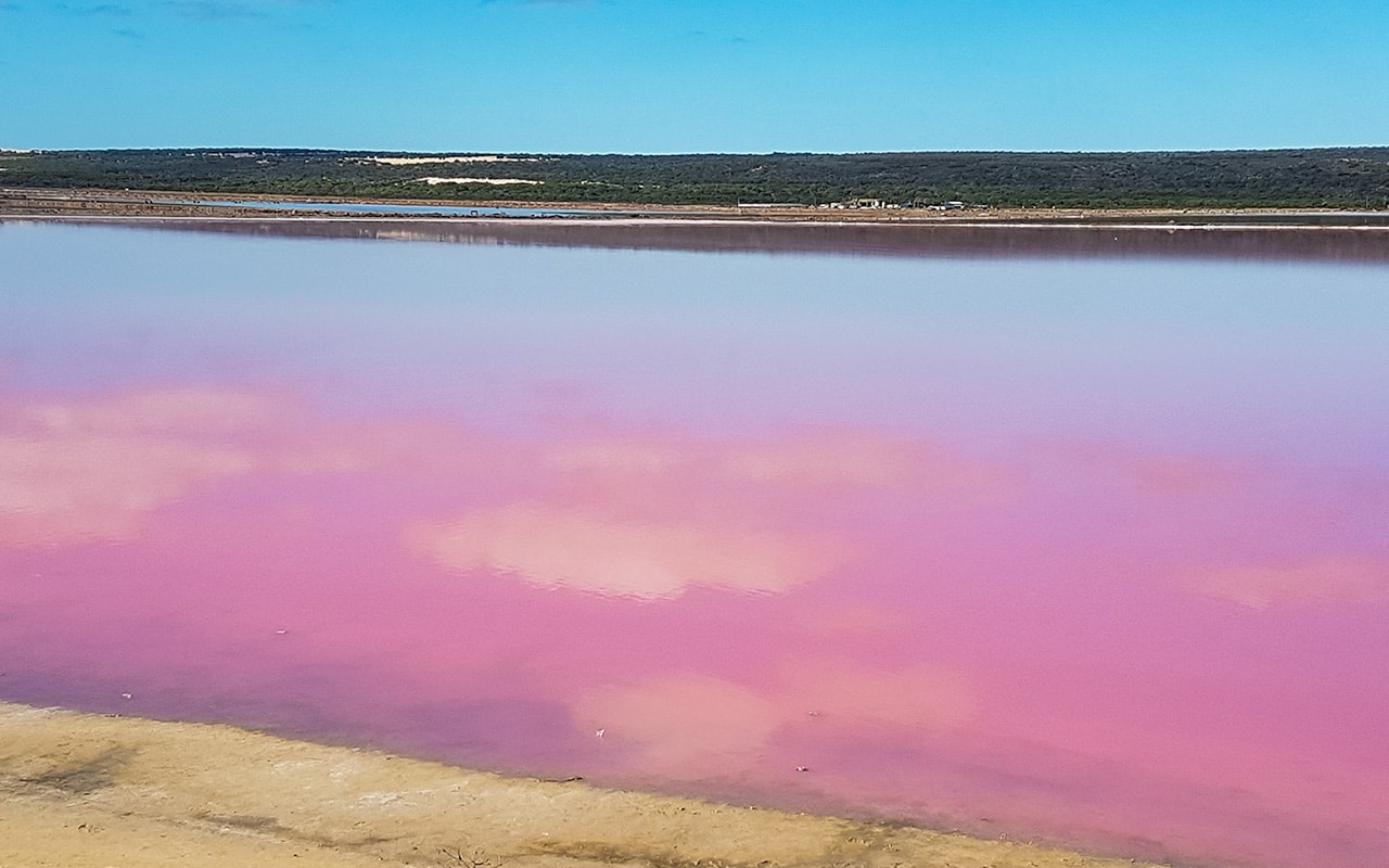 The clouds are reflected in pink at Hutt Lagoon