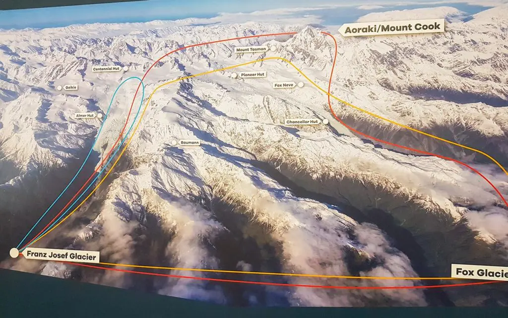 Follow the path of the helicopter around the New Zealand glaciers