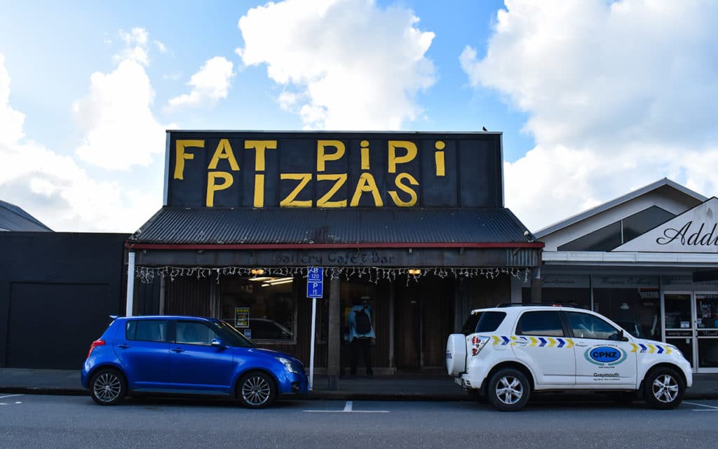 We devoured a pizza at Fat Pipis in Hokitika