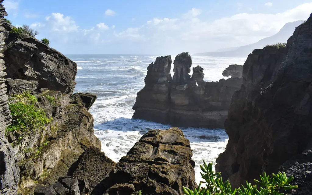 Blowholes and waves make up Pancake Rocks