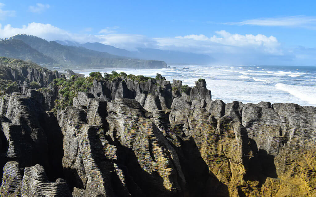 Pancake Rocks are a strange rock formation on the New Zealand coast