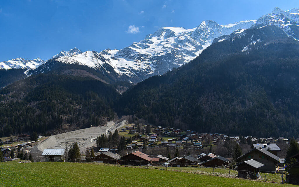 The village of Les Contamines is nestled beneath the Mont Blanc mountains