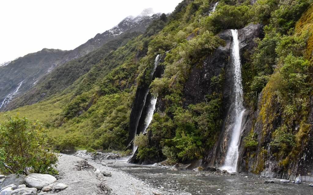 There are a few waterfalls on the Franz Josef Glacier Walk