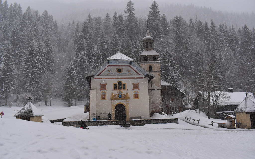 Don't miss a pretty baroque church in the snow
