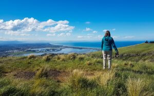 Delphine on a hill with a view of Christchurch
